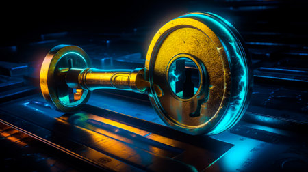 An image of key that is glowing in the dark. Generative AI.の素材