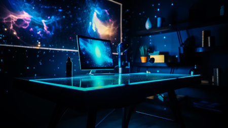 Desk with computer screen on it in dark room. Generative AI.の素材