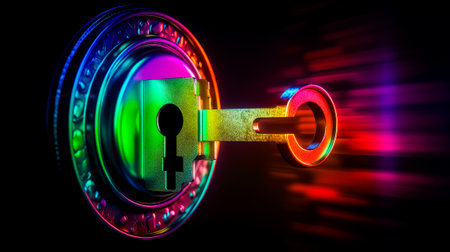 Rainbow colored keyhole on black background. Generative AI.の素材