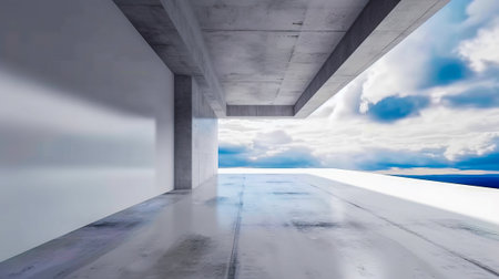 An empty concrete room with a view of the sky. Generative AI.の素材