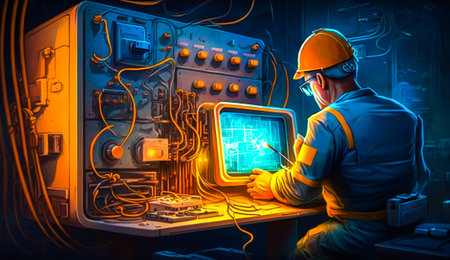 Man in hard hat is working on computer. Generative AI.の素材