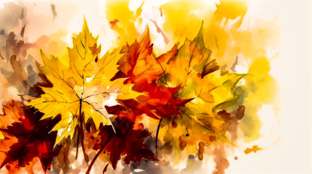 Watercolor painting of autumn leaves on white background. Generative AI.の素材