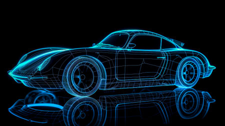 3d model of sports car on black background. Generative AI.の素材