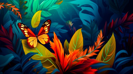 Colorful jungle scene with butterflies and leaves. Generative AI.の素材