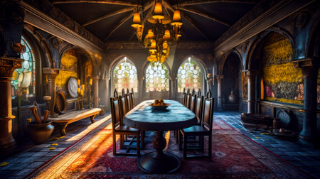 The dining room of castle with stained glass windows. Generative AI.の素材