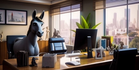 Desk with statue of donkey on top of it. Generative AI.の素材