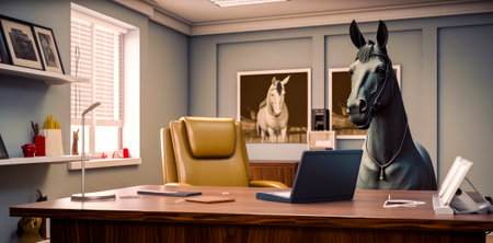 Horse statue sitting on top of wooden desk. Generative AI.の素材