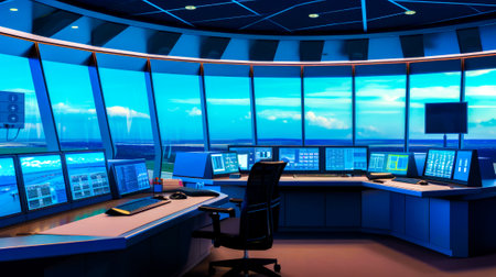 Control room with lots of monitors. Generative AI.の素材
