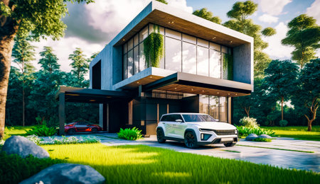 White car is parked in front of house. Generative AI.の素材