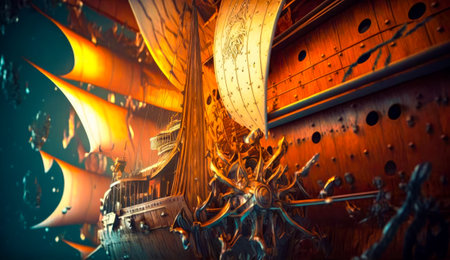 Very large ship with lot of sails on it. Generative AI.の素材
