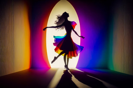 Woman in colorful dress is dancing. Generative AI.の素材