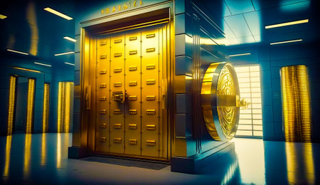 Large golden door in room filled with stacks of gold coins. Generative AI.の素材