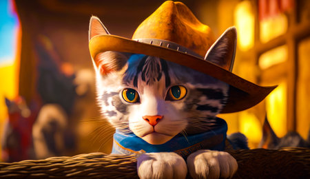 Cat wearing cowboy hat and scarf. Generative AI.の素材