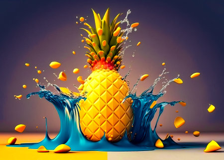 Pineapple splashing into pool of water. Generative AI.の素材