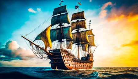 Large sailing ship in the middle of the ocean. Generative AI.の素材