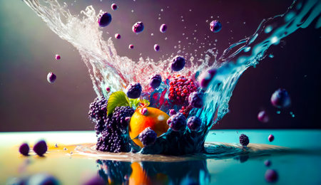 Bunch of fruit is splashing into the water. Generative AI.の素材