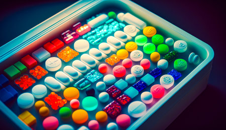 Container filled with lots of different colored pills. Generative AI.の素材