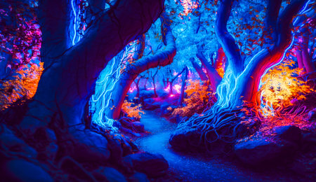 Path through forest filled with lots of trees. Generative AI.の素材