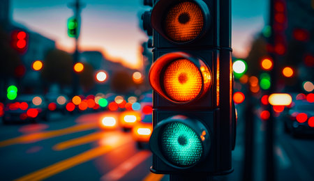 Traffic light on city street at night. Generative AI.の素材