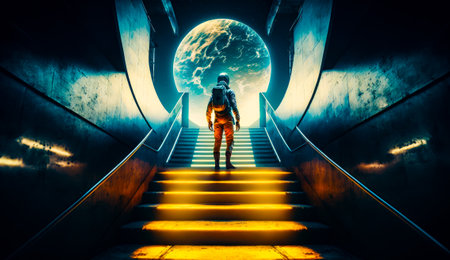 Man is walking down set of stairs. Generative AI.の素材