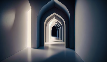 Hallway with light at the end of it. Generative AI.