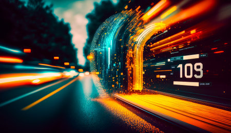 An abstract image of city street with neon lights. Generative AI.の素材