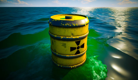 Yellow barrel sitting in the middle of the body of water. Generative AI.の素材