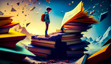 Person standing on top of pile of books. Generative AI.の素材