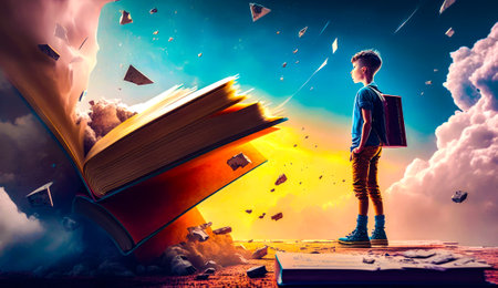 Boy standing on top of pile of books. Generative AI.の素材