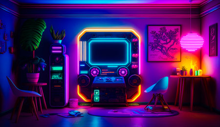 Room with neon lights and large mirror. Generative AI.の素材