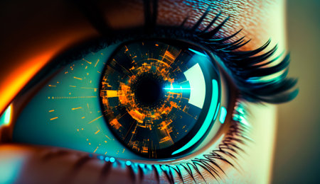 Close up of person's eye with futuristic design in the iris. Generative AI.の素材