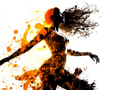 Silhouette of a woman running with her hair blowing in the wind. Generative AI.の素材
