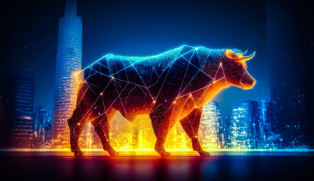Bull standing in front of city skyline. Generative AI.の素材