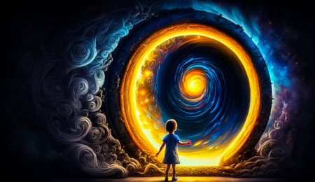 Child standing in front of painting. Generative AI.の素材