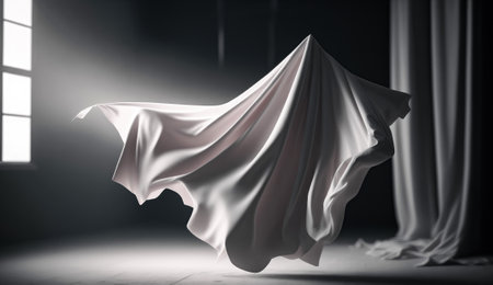 White cloth draped over window in dark room. Generative AI.の素材