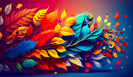 Colorful painting of leaves and flowers on blue background. Generative AI.の素材