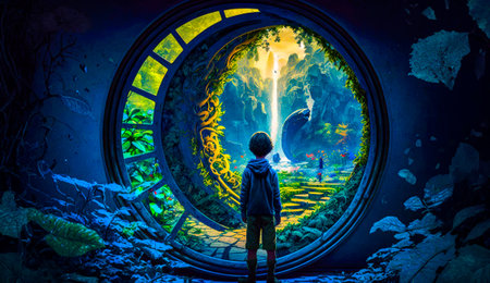 Person standing in front of window with waterfall. Generative AI.の素材