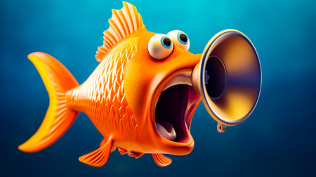 Goldfish with its mouth open and speaker in it's mouth. Generative AI.の素材