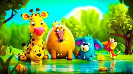 Group of cartoon animals standing next to each other. Generative AI.の素材