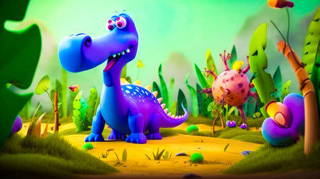 Cartoon dinosaur in the middle of the field. Generative AI.の素材