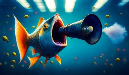 Fish with megaphone in its mouth. Generative AI.の素材