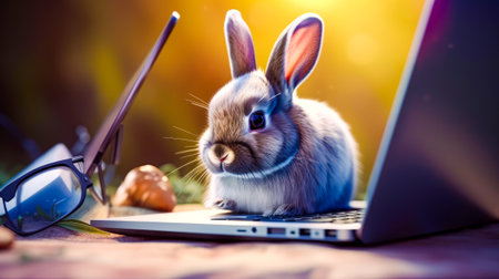 Rabbit sitting on top of laptop computer. Generative AI.の素材