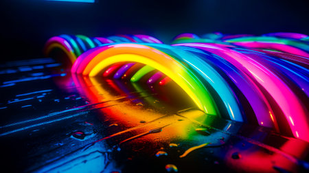 Close up of computer keyboard with bunch of neon lights on it. Generative AI.の素材