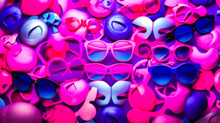 Pile of pink and blue sunglasses with hearts on them. Generative AI.の素材