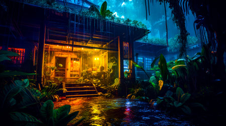 Painting of house in jungle at night. Generative AI.の素材