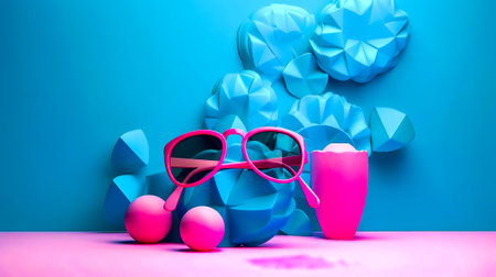 Pair of pink sunglasses sitting on top of table. Generative AI.の素材