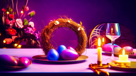 Table topped with plate of eggs next to candle. Generative AI.の素材