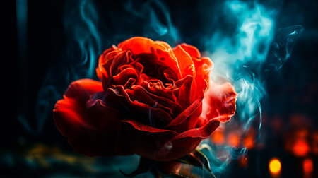 Red rose with smoke coming out of it. Generative AI.の素材