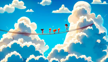 Group of birds sitting on wire above clouds. Generative AI.の素材