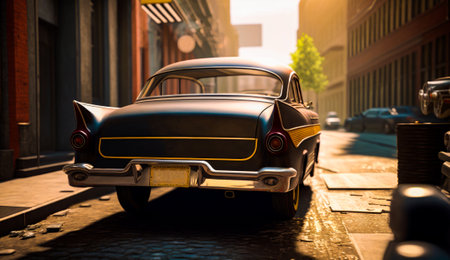 An old car is parked on city street. Generative AI.の素材